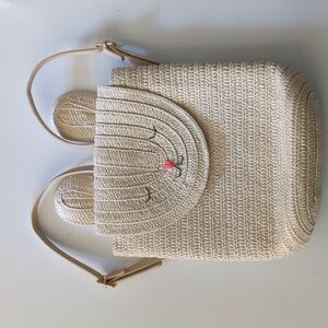 EUC Meri Meri girls woven raffia backpack purse pink gingham bunny design